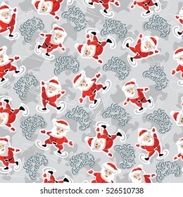 Seamless pattern with funny Santa Claus on skates in gray colors. Vector illustration.