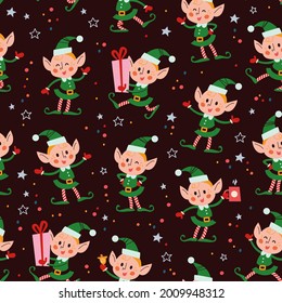 Seamless pattern with funny santa elves characters in hats with gift box, ring bell, hot chocolate cup. For Christmas cards, invitations, packaging paper etc. Vector flat cartoon illustration.