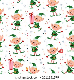 Seamless pattern with funny santa elves characters in hats with gift box, ring bell, hot chocolate cup. For Christmas cards, invitations, packaging paper etc. Vector flat cartoon illustration.