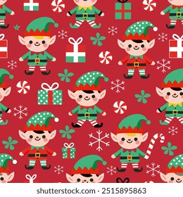 Seamless pattern with funny santa elves characters in hats with gift box, candy cane, sweets and snowflakes. For Christmas cards, invitations, packaging paper etc. Vector flat cartoon illustration.