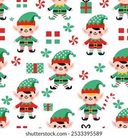 Seamless pattern with funny santa elves characters in hats with gift box, candy cane, sweets and snowflakes. For Christmas cards, invitations, packaging paper etc. Vector flat cartoon illustration.