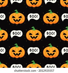 seamless pattern with funny scary pumpkins and text boo on black background, vector illustration for halloween, funny scary pumpkins, ornament for wallpaper and fabric