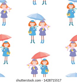 Seamless pattern of funny school girls under umbrellas
