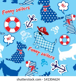 Seamless pattern with funny scottish terrier dogs  - sailors, anchor, lifebuoy, jolly Roger