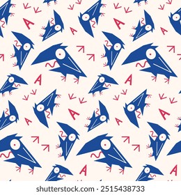 Seamless pattern with funny screaming crow. Stylish graphic print with cartoon bird, comic screaming crow. Surface design, simple ornament for fabric, wallpaper with animal. Vector illustration.