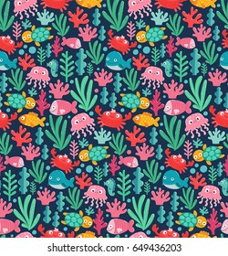 Seamless pattern with funny sea animals. Vector illustration with adorable fish, jelly, crab, seahorse, turtle. Tillable background for your fabric, textile design, wrapping paper or wallpaper.