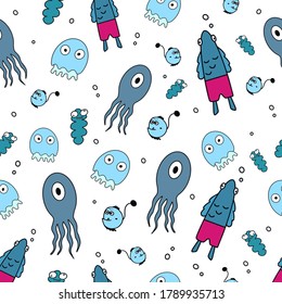 Seamless pattern Funny sea creatures. Fish in pink panties. Medusa with a funny look. One eyed
Octopus. Good for backgrounds, postcards, and brown paper. Vector.