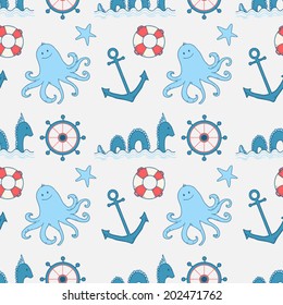 Seamless pattern with funny sea creatures