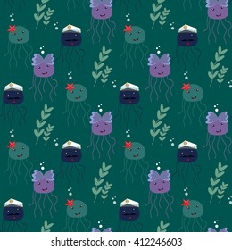 Seamless pattern with funny sea jelly (jellyfish)