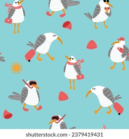 Seamless pattern with funny seagulls on a blue background. Summer print. Vector illustration. Perfect for textile, wallpaper or print design.