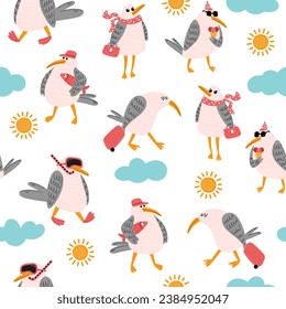 Seamless pattern with funny seagulls with sun and clouds on a white background. Summer print. Vector illustration. Perfect for textile, wallpaper or print design.