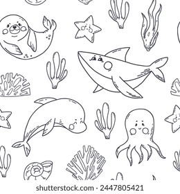 Seamless Pattern with funny shark, seal, dolphin and octopus. Vector illustration on white background with sea animals. Perfect for wallpaper, wrapping paper