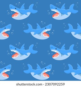 Seamless pattern, funny sharks with bubbles on a blue background. Sea water background, print, textile, wallpaper, vector	
