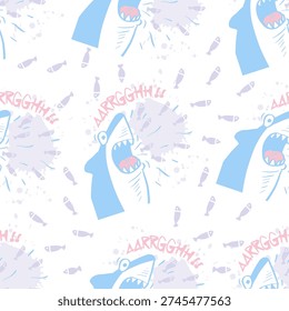 Seamless pattern with funny sharks. Vector illustration in a flat style. Vector illustration.