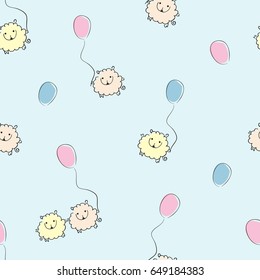 Seamless pattern with funny sheep with balloons on a blue background. Child texture for textiles, Wallpaper, and various designs