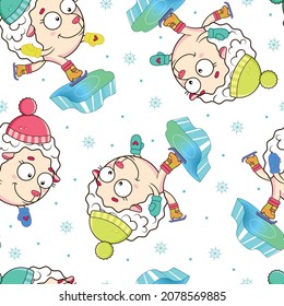 Seamless pattern with funny sheep  in figure skating on ice. Kids fabric texture. Vector Illustration