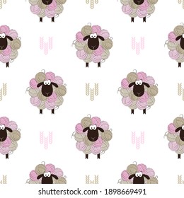 Seamless pattern with funny sheep made of yarn balls. Vector cartoon knitting illustration