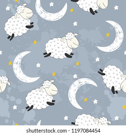 Seamless pattern with funny sheep and moon. Sweet dreams.