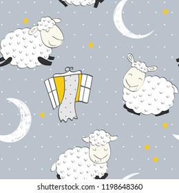 Seamless pattern with funny sheep and moon. Sweet dreams.