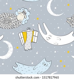 Seamless pattern with funny sheep and moon. Sweet dreams.