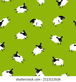 Seamless pattern with funny sheep on green background. Vector illustration