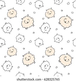 Seamless pattern with funny sheep on a white background. Child background for textiles and various designs.
