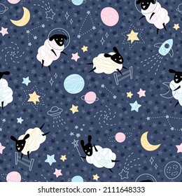 Seamless pattern with funny sheep in space, stars, and planets. Cute sheeps with night sky elements in Scandinavian style. Vector illustration.