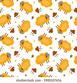 Seamless pattern of funny sheeps, clouds and hearts. Vector background for fabric, textile, paper, wallpaper, wrapping or greeting card. Fashionable print for childrens clothing.
