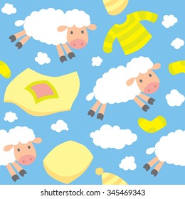 Seamless pattern with funny sheeps flying in the sky among blankets, pillows, pajamas, socks and clouds