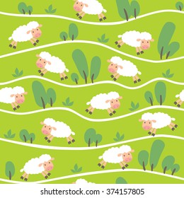 Seamless pattern with funny sheeps onthe hills