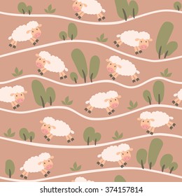Seamless pattern with funny sheeps onthe hills