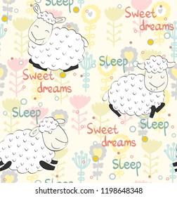Seamless pattern with funny sheeps. Sweet dreams.