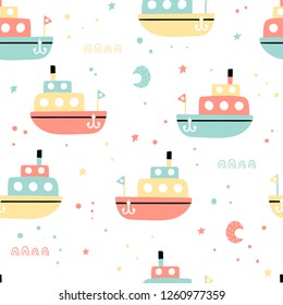Seamless pattern with funny ships on a white background. Vector illustration for children.