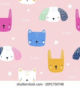 Seamless pattern with funny simple animals. Pastel ids print. Vector hand drawn illustration.