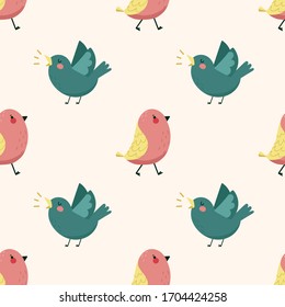 seamless pattern with funny singing birds on the pink background. Vector hand drawn summer forest illustration. Seamless pattern for your animal fabric design, textile, wallpaper