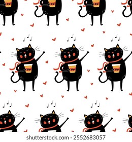 Patrón sin fisuras con divertidos gatos negros cantando sosteniendo tazas de café, rodeado de corazones rojos. Ideal para textiles, papel de embalaje, decoración de cafetería. Ilustración dibujada a mano de colores amarillo, rojo y negro