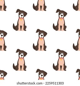 Seamless pattern with funny sitting dog. Cute pet, texture. Wallpaper with a doggy in collar. Kids pattern with domestic animal. Flat vector illustration