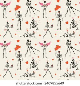 Seamless pattern with Funny Skeleton with decor for Valentine's day.