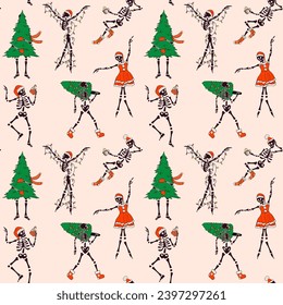 Seamless pattern with Funny Skeleton with with decoration christmas. Cute character Skeleton Bones