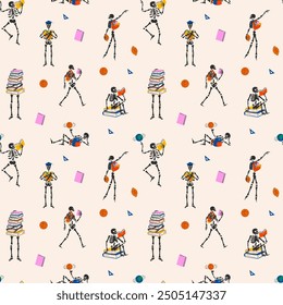 Seamless pattern with Funny Skeleton ready for school with school stationery. Back to school