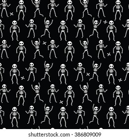 Seamless pattern of funny skeletons on black background. Vector illustration.