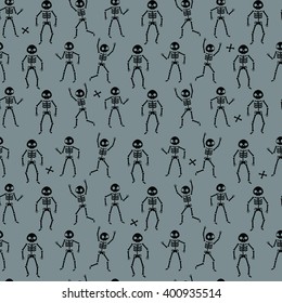 Seamless pattern of funny skeletons on grey background. Vector illustration.