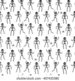 Seamless pattern of funny skeletons on white background. Skeletons dancing. Vector illustration.