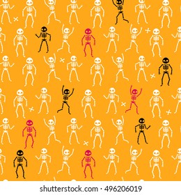 Seamless pattern of funny skeletons on yellow orange background. Vector illustration.