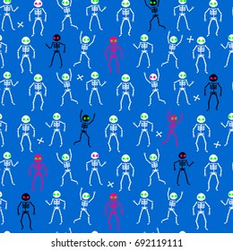 Seamless pattern of funny skeletons on green background. Vector illustration.