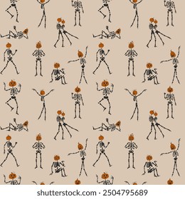 Seamless pattern with Funny Skeletons with a pumpkin head. Cute character Skeleton Bones