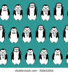 Seamless pattern of funny sketch penguins on turquoise background.