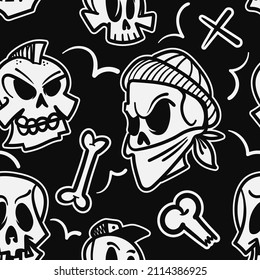 Seamless pattern with funny skull characters in gangsta rap style. Scary background with cartoon evil skulls and bones. Black and white colours. Use for poster, t-shirt print, textile, wrapping paper.