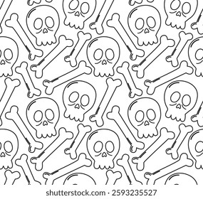 Seamless pattern with funny skulls and bones. Halloween background in doodle style