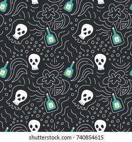 Seamless pattern with funny skulls and bottles of tequila on dark background, national mexican decoration, vector illustration